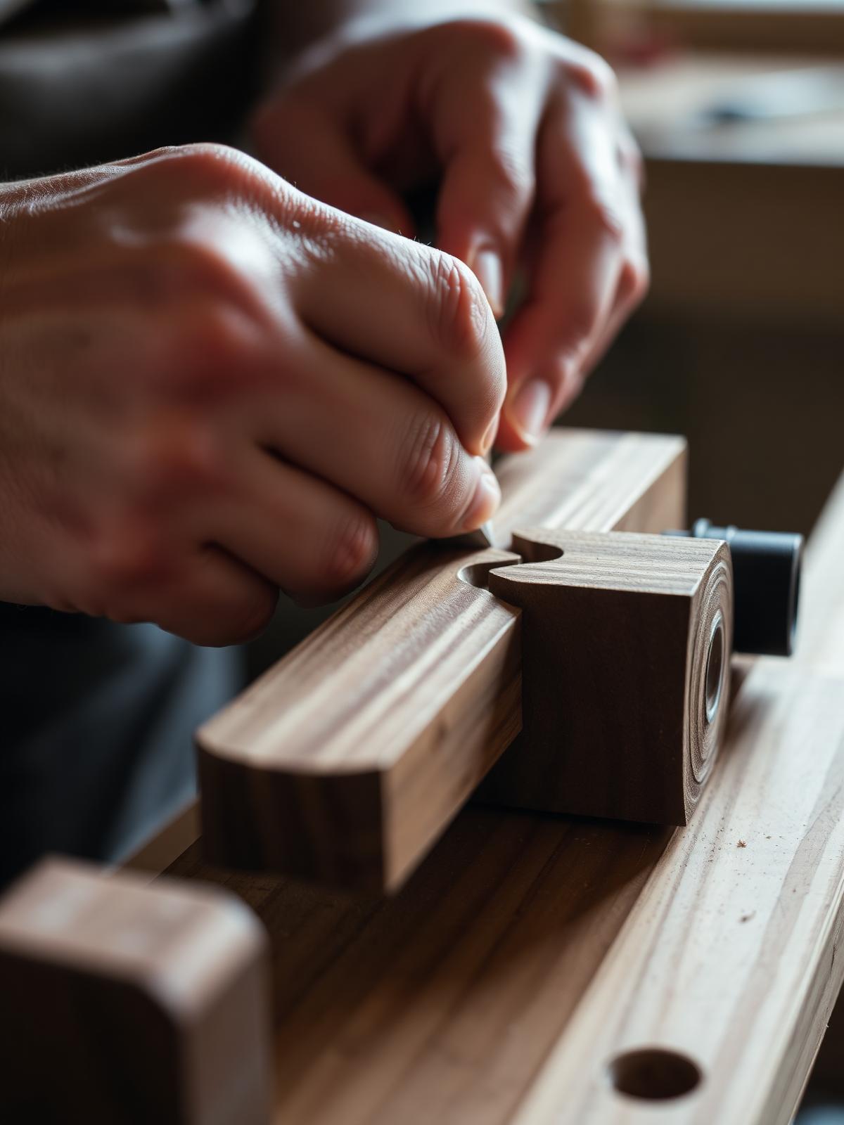 A woodworker's hand carving a dovetail joint