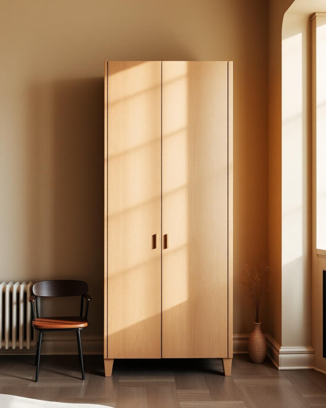 Tall minimalist solid wood wardrobe in a sunlit plaster-walled room